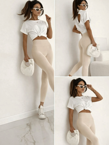 Legginsy modelujące z szerokim pasem PAITYN - beżowe