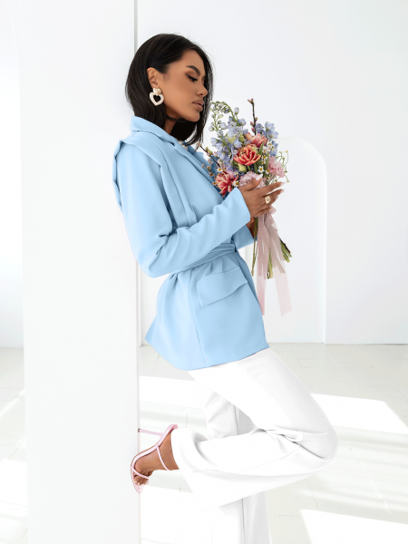 Elegancka długa marynarka z wiązaniem ARSJA - błękitna 2