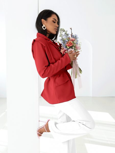 Elegancka długa marynarka z wiązaniem ARSJA - czerwona 2