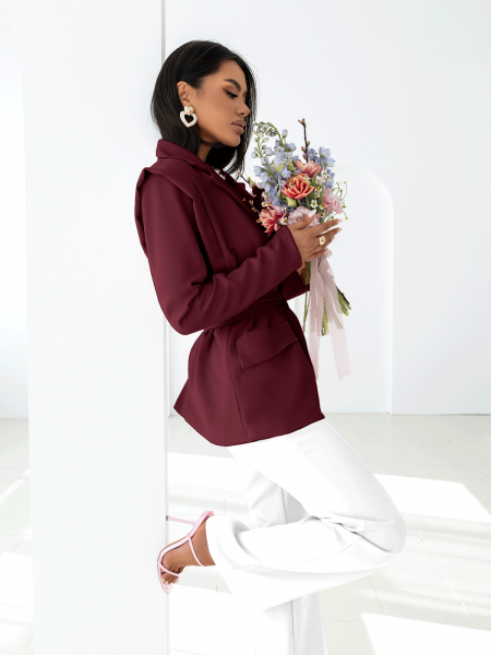 Elegancka długa marynarka z wiązaniem ARSJA - bordowa 2