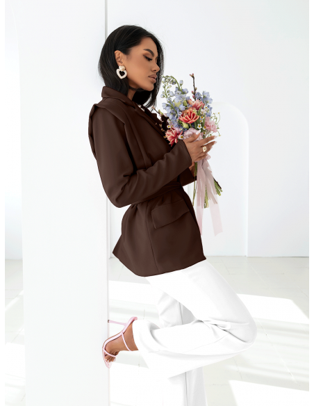 Elegancka długa marynarka z wiązaniem ARSJA - czekoladowa