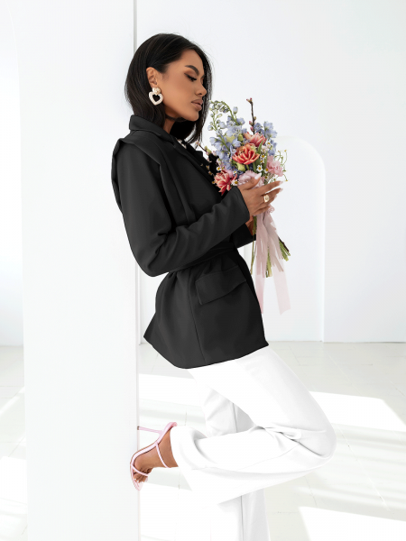 Elegancka długa marynarka z wiązaniem ARSJA - czarna 2