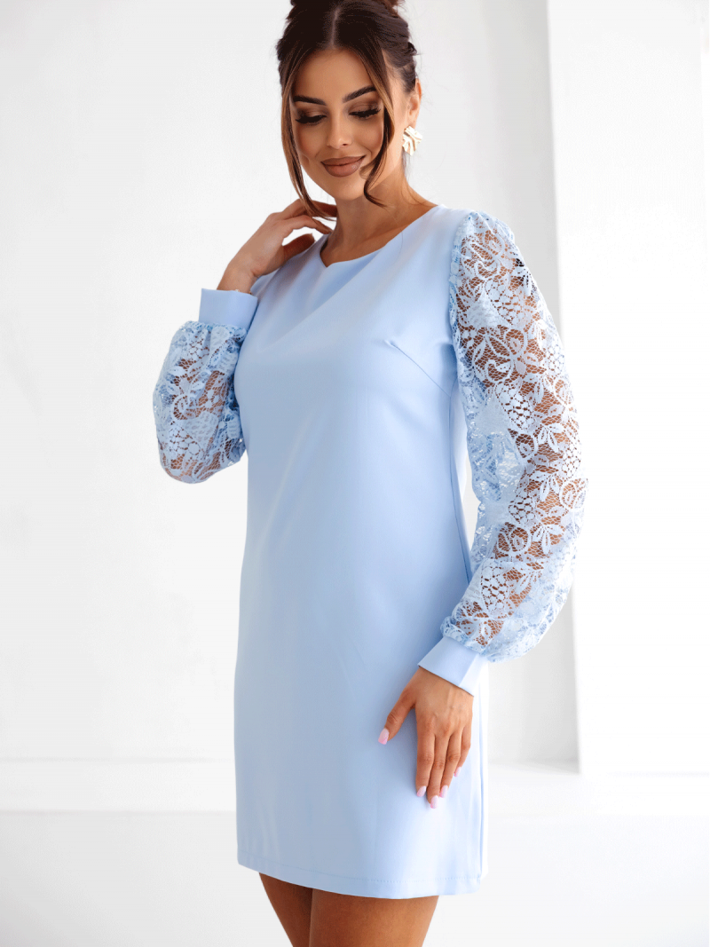 Sukienka mini z koronkowymi rękawami RHONDA - błękitna