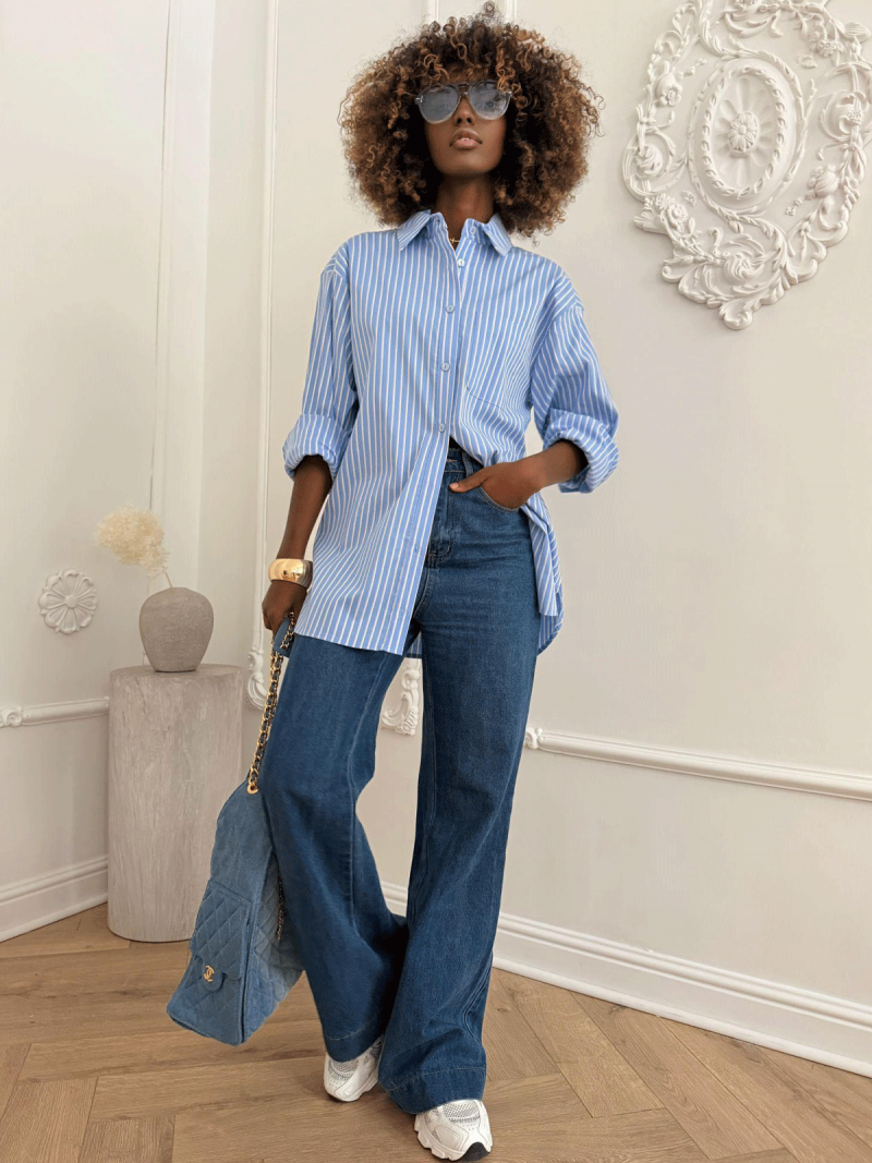 Bawełniana koszula w paski NYLAX - błękitna