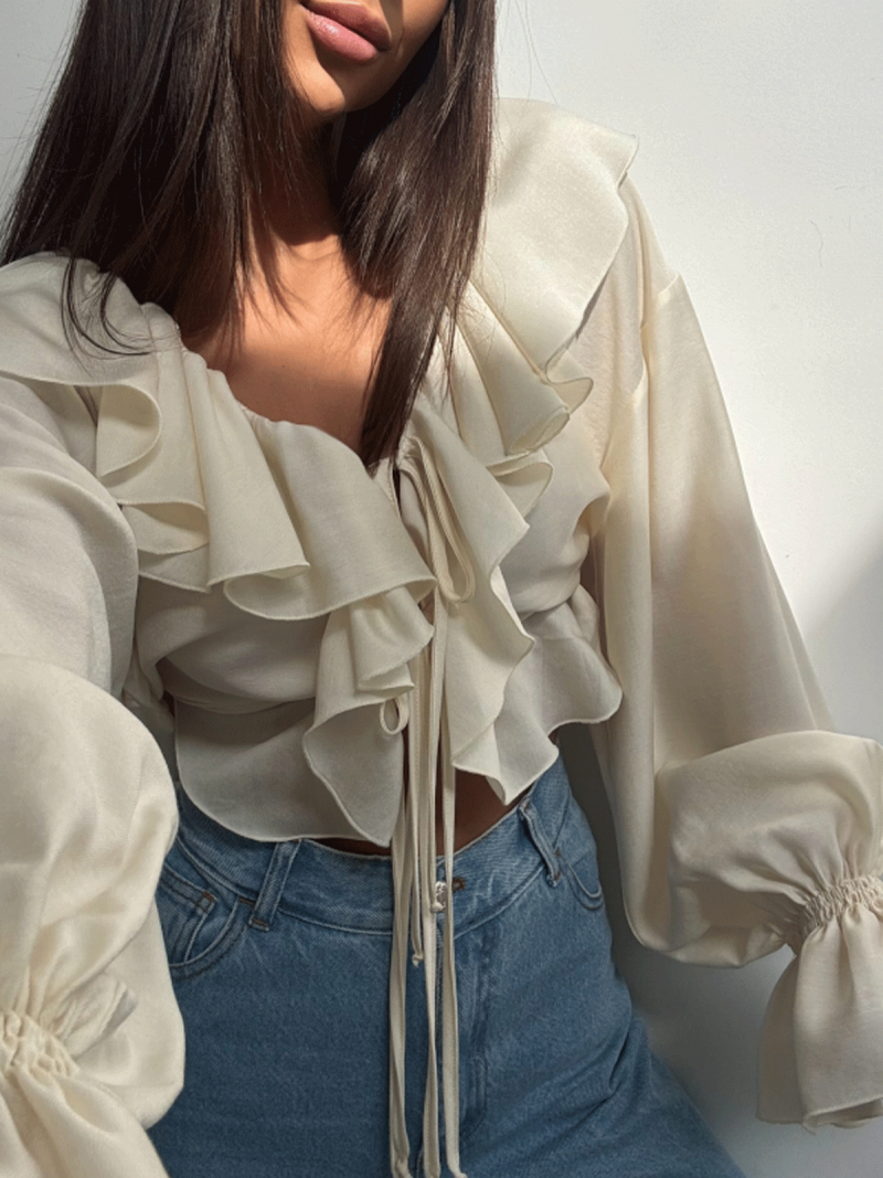 Bluzka koszulowa z tencelu z falbanami LILIOSA - beżowa