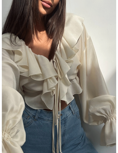 Bluzka koszulowa z tencelu z falbanami LILIOSA - beżowa