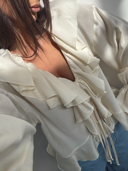 Bluzka koszulowa z tencelu z falbanami LILIOSA - beżowa 2