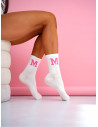 Skarpetki damskie LITERA M na ściągaczu - biało-różowe
