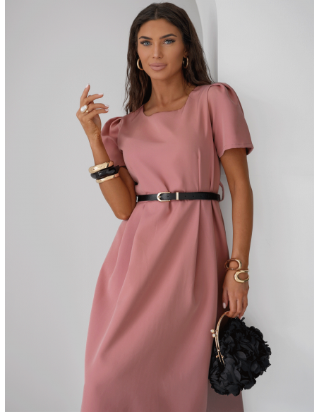 Elegancka sukienka midi z paskiem - brudny róż