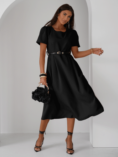 Elegancka sukienka midi z paskiem KERRIE - czarna