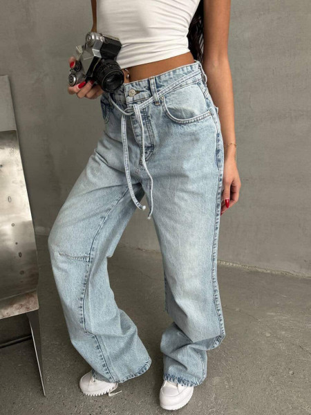 Szerokie spodnie jeansy z wiązaniem ELIF - jasny jeans