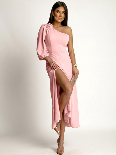 Asymetryczna sukienka z jednym rękawkiem MAYSA - pudrowy róż