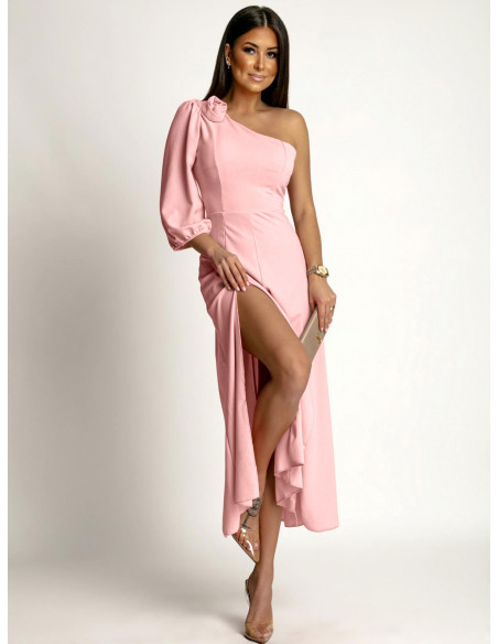Asymetryczna sukienka z jednym rękawkiem MAYSA - pudrowy róż