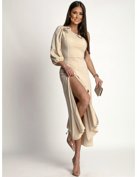 Asymetryczna sukienka z jednym rękawkiem MAYSA - beżowa
