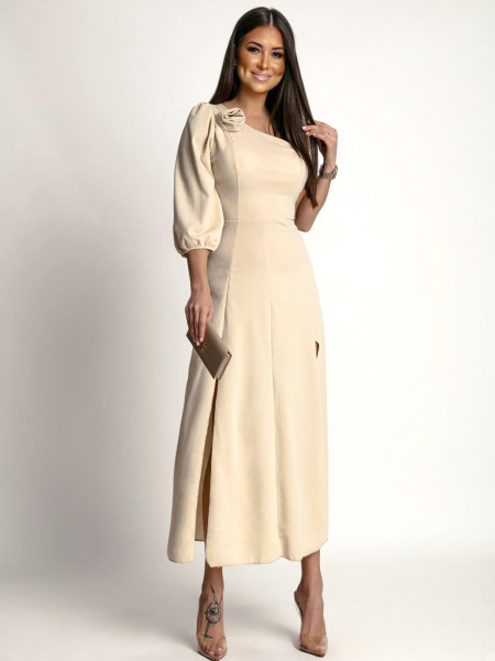 Asymetryczna sukienka z jednym rękawkiem MAYSA - beżowa 2