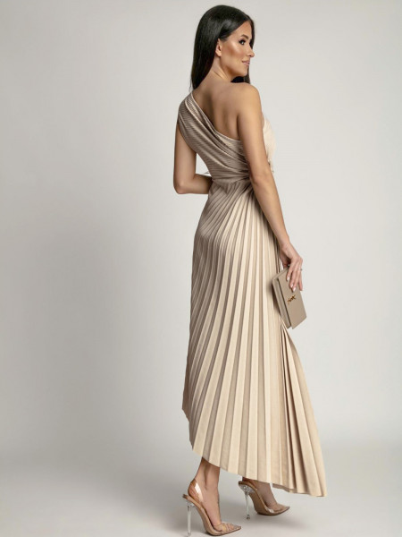 Asymetryczna plisowana sukienka z kwiatem JANNA - beżowa 2