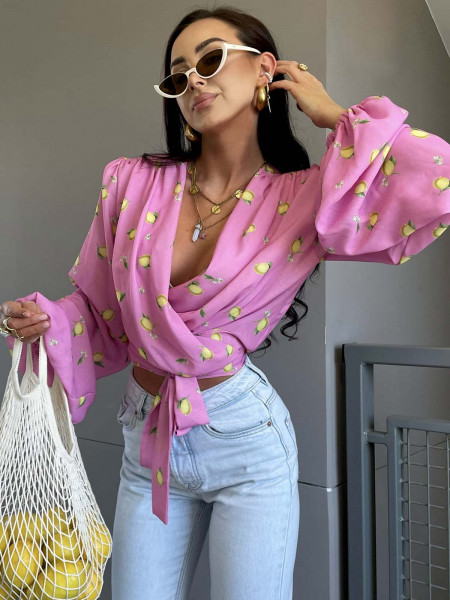 Bluzka wiązana z przekładanym dekoltem LEMON - różowa
