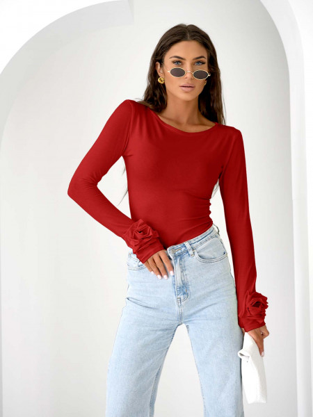 Wiskozowa bluzka z różą na rękawie ELIJA - czerwona 2