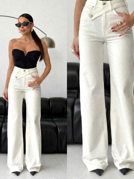 Spodnie jeansy z asymetrycznym pasem HASSIE - białe 2