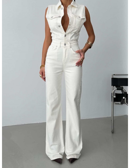 Kombinezon jeansowy bez rękawów CAMILA - biały