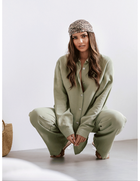 Bawełniany komplet koszula i szerokie spodnie SURI - khaki