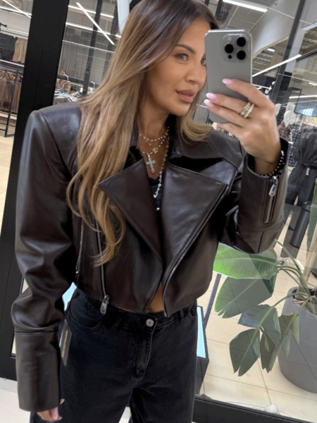 Kurtka ramoneska skórzana AILYN - czekoladowa