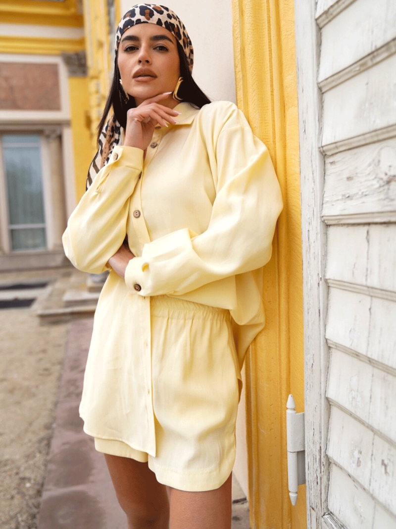 Wiskozowy komplet koszula i spodenki CADRA - cytrynowy