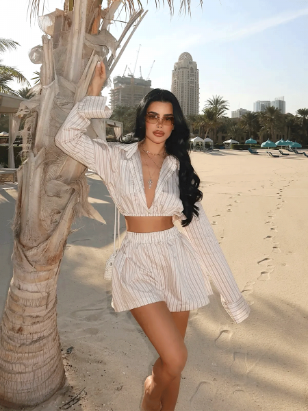 Komplet koszula i spodenki w paski LINARA - beżowy