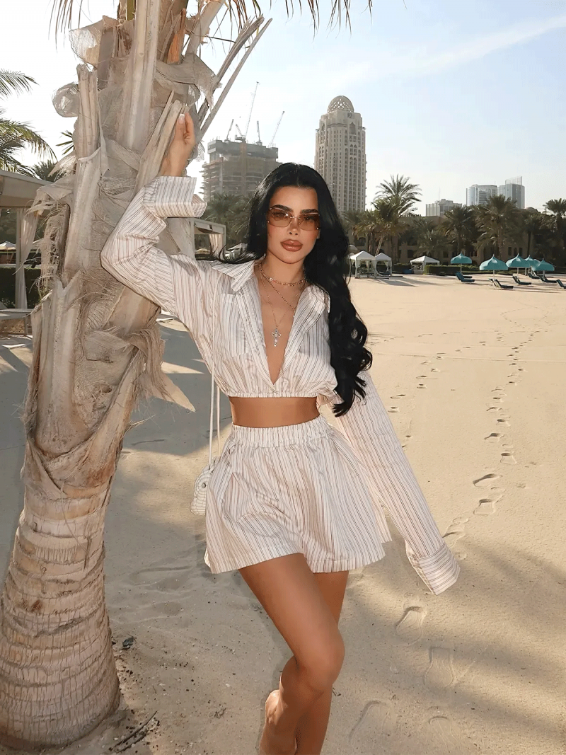 Komplet koszula i spodenki w paski LINARA - beżowy