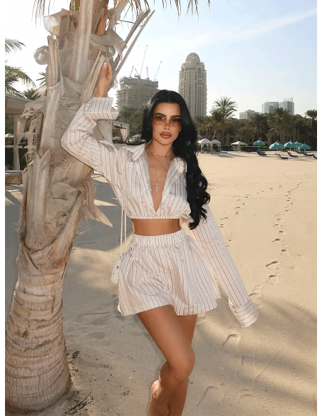 Komplet koszula i spodenki w paski LINARA - beżowy