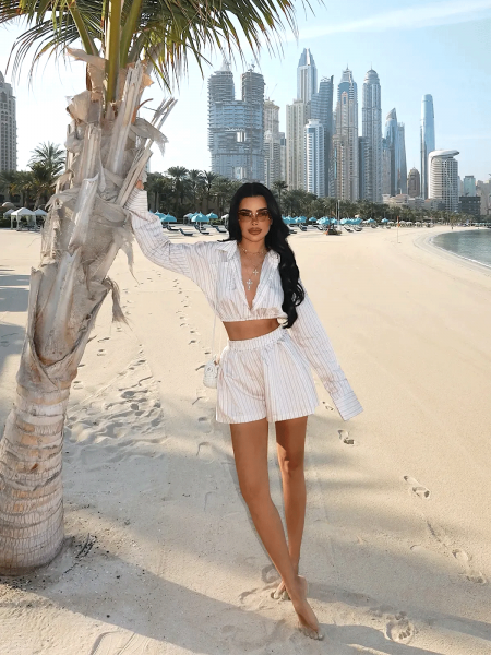 Komplet koszula i spodenki w paski LINARA - beżowy 2