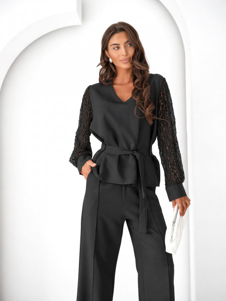 Komplet bluzka z rękawami z koronki i spodnie ROST - czarny 2