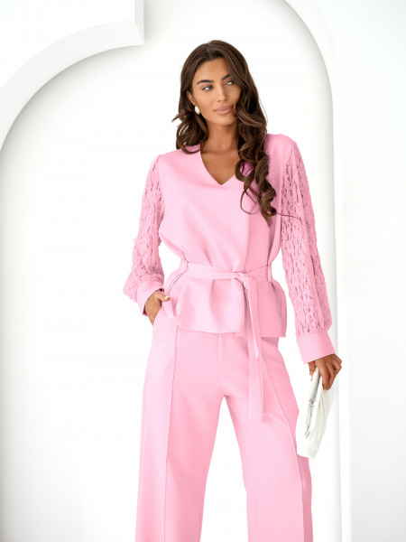 Komplet bluzka z rękawami z koronki i spodnie ROST - pudrowy róż 2