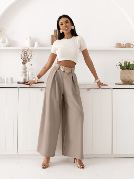 Eleganckie spodnie z szerokimi nogawkami SOLVEA - mocha mousse 2