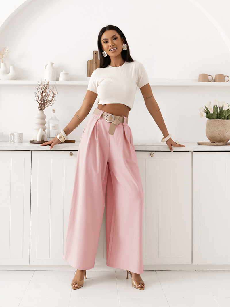 Eleganckie spodnie z szerokimi nogawkami SOLVEA - pudrowy róż