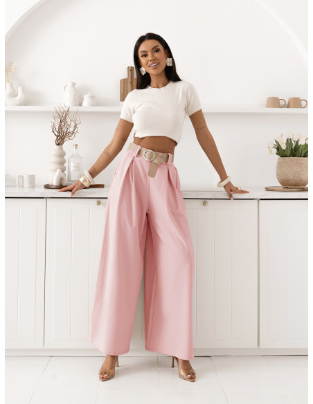 Eleganckie spodnie z szerokimi nogawkami SOLVEA - pudrowy róż