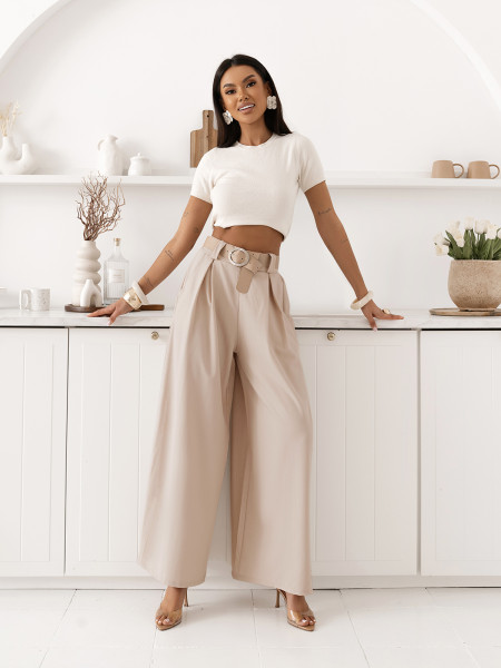 Eleganckie spodnie z szerokimi nogawkami SOLVEA - beżowe