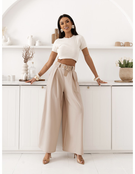Eleganckie spodnie z szerokimi nogawkami SOLVEA - beżowe