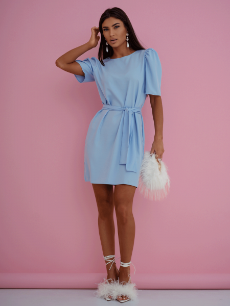 Sukienka mini z krótkim rękawem z paskiem OLIVRA - błękitna 2