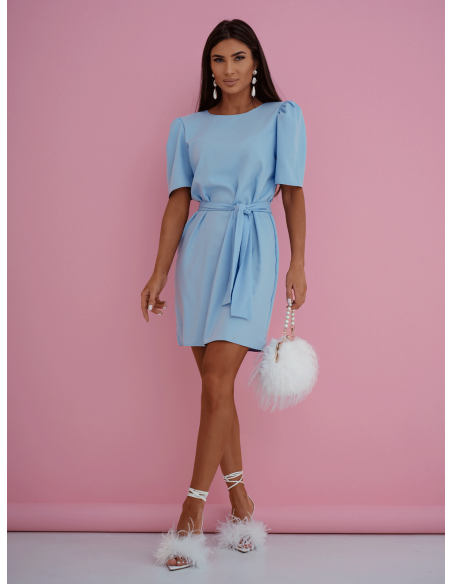 Sukienka mini z krótkim rękawem z paskiem OLIVRA - błękitna
