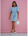 Sukienka mini z krótkim rękawem z paskiem OLIVRA - błękitna
