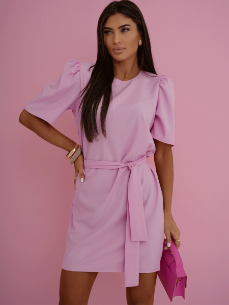 Sukienka mini z krótkim rękawem z paskiem OLIVRA - pudrowy róż