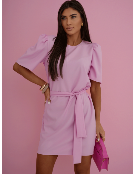 Sukienka mini z krótkim rękawem z paskiem OLIVRA - pudrowy róż