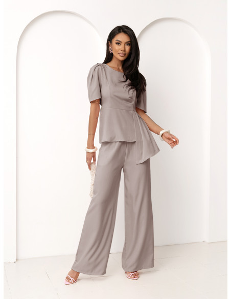 Stylowy komplet z szerokimi spodniami ZEFRA - mocha mousse