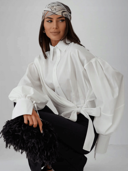 Elegancka bawełniana koszula z wiązaniem VENORA - biała 2