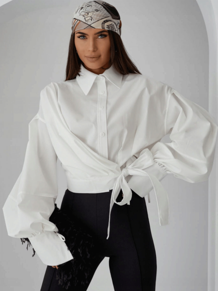 Elegancka bawełniana koszula z wiązaniem VENORA - biała