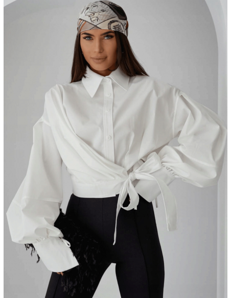 Elegancka bawełniana koszula z wiązaniem VENORA - biała