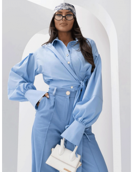 Elegancka bawełniana koszula z wiązaniem VENORA - niebieska