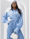 Elegancka bawełniana koszula z wiązaniem VENORA - niebieska