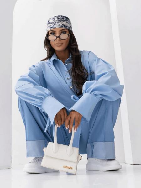 Elegancka bawełniana koszula z wiązaniem VENORA - niebieska 2